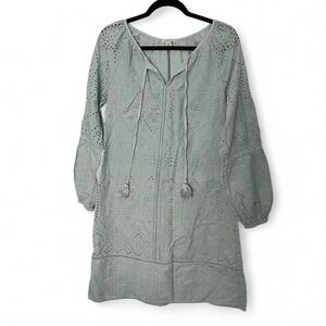 LIGHT BLUE SUNDANCE BALOON SLEEVE EYELET LONG SLEEVE SHIFT DRESS